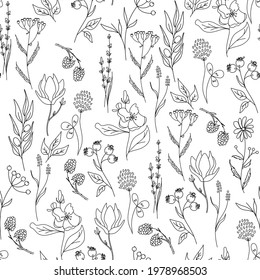 Hand Drawn Floral Seamless Vector Pattern. Black sketched. Flower doodle botanical collection. Magnolia, olive, lavender, rose hip, chamomile, viburnum, clover, tansy, muscari, apple blossom.
