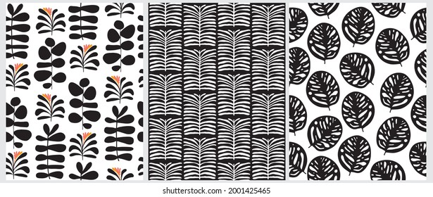 Hand Drawn Floral Seamless Vector Patterns. Black and White Exotic Flowers, Twigs and Leaves Isolated on a White and Black Background. Simple Infantile Style Abstract Tropical Garden ideal for Fabric.