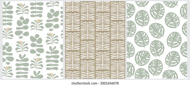 Hand Drawn Floral Seamless Vector Patterns. Green and White Exotic Flowers, Twigs and Leaves Isolated on a White and Brown Background. Simple Infantile Style Abstract Tropical Garden ideal for Fabric.