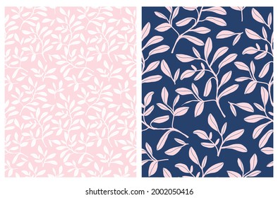 Hand Drawn Floral Seamless Vector Patterns. Pink and White Sketched Twigs and Leaves Isolated on a Dark Blue and Light Pink Background. Simple Infantile Style Abstract Garden ideal for Fabric.