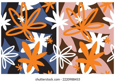 Patrones de vectores sin soldadura floral dibujados a mano. Flores negras, naranjas, blancas y rosadas sobre un fondo marrón y azul oscuro.Impresión reproducible de un simple jardín abstracto ideal para tejidos, papel envuelto, textiles.