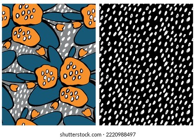 Hand Drawn Floral Seamless Vector Patterns. Orange Flowers and Blue Leaves with Black Outline on a Gray Geometric Background. Simple Abstract Garden Repeatable Print ideal for Fabric, Wrapping Paper.