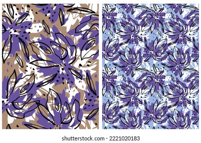 Hand Drawn Floral Seamless Vector Patterns. Black, White and Violer Flowers on a Brown and Pastel Blue Background. Simple Abstract Garden Repeatable Print ideal for Fabric, Wrapping Paper.