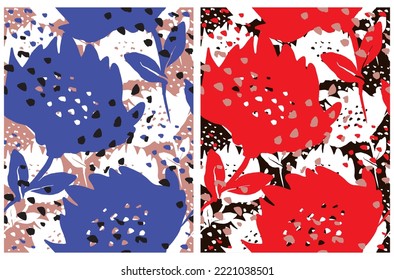 Hand Drawn Floral Seamless Vector Patterns. Blue, Red and White Flowers on a Light Blush Pink and Black Background. Simple Abstract Garden Repeatable Print ideal for Fabric, Wrapping Paper.