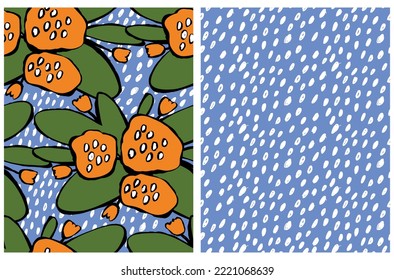 Hand Drawn Floral Seamless Vector Patterns. Orange Flowers and Green Leaves with Black Outline on a Blue Geometric Background. Simple Abstract Garden Repeatable Print ideal for Fabric, Wrapping Paper.