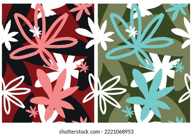 Hand Drawn Floral Seamless Vector Patterns. Black, Pink, White and Mint Blue Flowers on a Dark Green and Deep Red Background. Simple Abstract Garden Repeatable Print ideal for Fabric, Wrapping Paper.