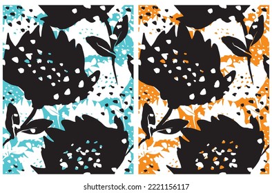 Hand Drawn Floral Seamless Vector Patterns. Black and White Flowers on a Light Blue and Orange Background. Simple Abstract Garden Repeatable Print ideal for Fabric, Wrapping Paper.