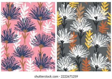 Hand Drawn Floral Seamless Vector Patterns. White and Blue Flowers, White and Yellow Leaves on a Dark Gray and Pink Background.Simple Abstract Garden Repeatable Print ideal for Fabric, Wrapping Paper.