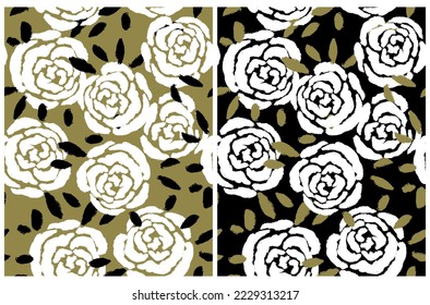 Hand Drawn Floral Seamless Vector Patterns. White Roses on a Black and Green Background. Simple Abstract Garden Repeatable Print ideal for Fabric, Wrapping Paper. White Flowers Design.