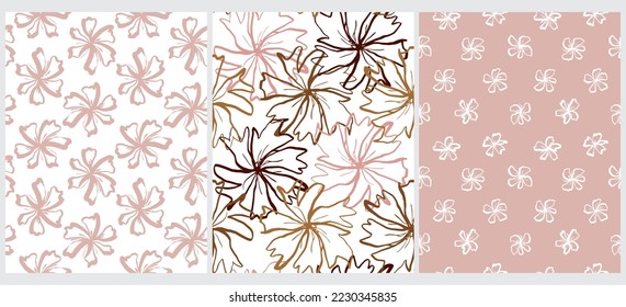 Patrones de vectores sin soldadura floral dibujados a mano. Flores rosas y marrones en un fondo blanco y rosa negro. Simple Resumen de Jardín Impresión Repetible ideal para Tejido, Papel envuelto. Diseño de Flores Blancas.