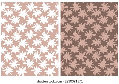 Hand Drawn Floral Seamless Vector Patterns. Pink and White Flowers on a Brown and Blush Pink Background. Simple Abstract Garden Repeatable Print ideal for Fabric, Wrapping Paper. White Flowers Design.
