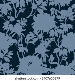 Hand drawn floral seamless vector pattern with blue silhouettes of flowers, leaves, branches and buds on black background. Intertwined plants of peony. 