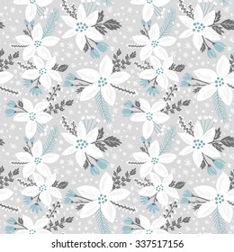 Hand drawn floral seamless vector pattern. Winter and fall themed background. Seamless texture with white flowers of poinsettia