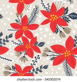 Hand drawn floral seamless vector pattern. Winter and fall themed background. Seamless texture with white flowers of poinsettia