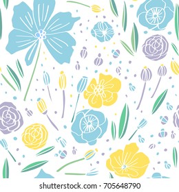 Patrón vectorial sin costuras floral dibujado a mano. Textura sin foco con flores azules, lilas y amarillas sobre fondo blanco