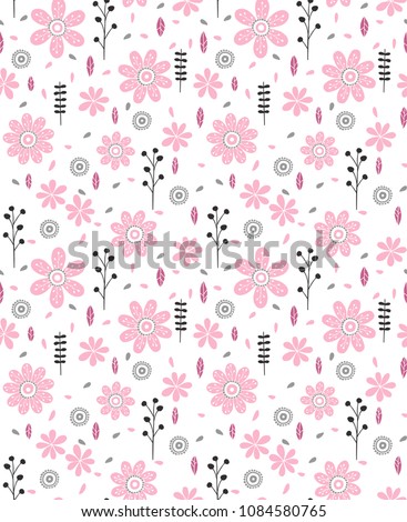Hand Drawn Floral Seamless Vector Pattern. Grey and Pink Twigs, Leaves and Flowers isolated on a White Background. Delicate Infantile Style Floral Print ideal for Fabric. Funny Abstract Garden Design.