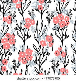 Hand drawn floral seamless vintage pattern. Vector background, retro style.