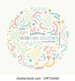 Hand Drawn Floral Set. Handmade collection of flower and plant decorations. Vector illustration.