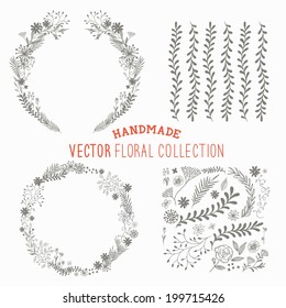 Hand Drawn Floral Set. Handmade collection of flower and plant decorations. Vector illustration.