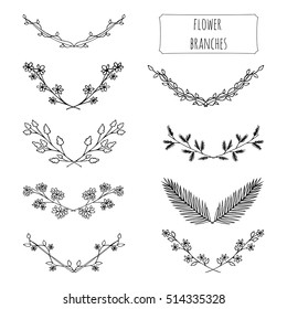 Hand drawn floral set made in vector. Flower branches collection design. Illustration of laurels, banners, floral elements. Greeting card and t-shirt design template. 