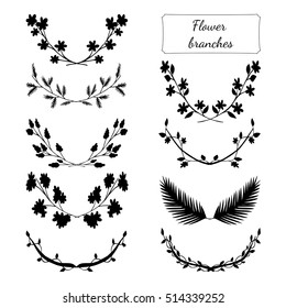 Hand drawn floral set made in vector. Flower branches collection design. Illustration of laurels, banners, floral elements. Greeting card and t-shirt design template. 