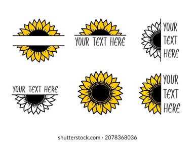 Hand drawn floral set of sunflowers silhouette and part of flowers with place for text