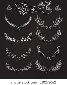 Hand drawn floral set, vector, white on brown background 