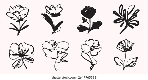 Hand Drawn Floral Silhouettes and Line Art Flowers Collection. Trendy vector illustration.