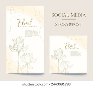 Hand drawn floral social media set of insta story and post in gold and pastel pink hue. Beautiful floral social media template.