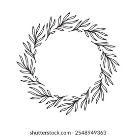 Hand drawn Floral spring wreath isolated white background. Silhouette circle of leaves frame. Doodle style. . Vector illustration