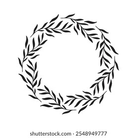 Hand drawn Floral spring wreath isolated white background. Silhouette circle of leaves frame. Doodle style. . Vector illustration