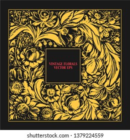 Hand drawn floral square frame with roses, dahlia, poppy, iris, berries, leaves in yellow gold color on black. Decorative art flowers vintage style wreath with space.
