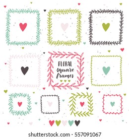Hand drawn floral square frame set. Vector illustration. Rustic. Set of herbal frames. Ink vector illustration. Hand drawn vintage frames. 