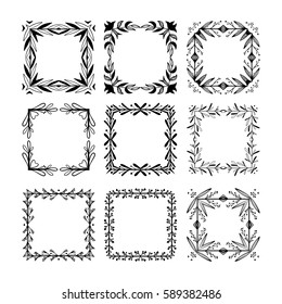 Hand drawn floral square frames for the page decoration. Isolated on the white background. Can be used for birthday card, wedding invitations, book page decoration.