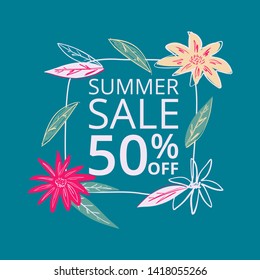 Hand drawn floral template banner with discount offer.   Design for seasonal clearance. Vector illustration.