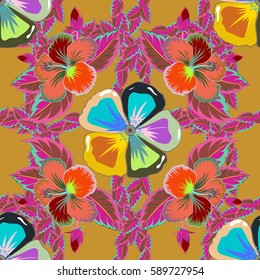 Hand drawn floral texture, blue, green and orange decorative flowers. Vector seamless colorful floral pattern.