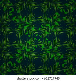 Hand drawn floral texture, blue decorative leaves. Vector seamless colorful floral pattern.