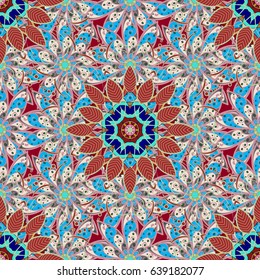 Hand drawn floral texture, blue decorative flowers. Vector seamless colorful floral pattern.