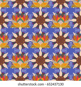 Hand drawn floral texture, blue decorative flowers. Vector seamless colorful floral pattern.