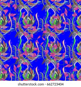 Hand drawn floral texture, blue decorative flowers. Vector seamless colorful floral pattern.