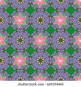 Hand drawn floral texture, blue decorative flowers. Vector seamless colorful floral pattern.