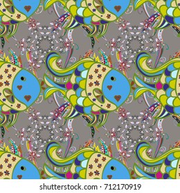 Hand drawn floral texture, gray, green and blue decorative flowers. Vector seamless colorful floral pattern.