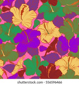 Hand drawn floral texture, green, yellow and violet decorative flowers. Vector illustration. Vector seamless colorful floral pattern.