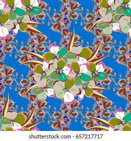 Hand drawn floral texture, green and blue decorative flowers. Vector seamless colorful floral pattern.