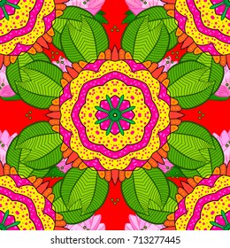 Hand drawn floral texture, green, yellow and magenta decorative flowers. Vector seamless colorful floral pattern.