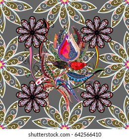 Hand drawn floral texture, red decorative flowers. Vector seamless colorful floral pattern.