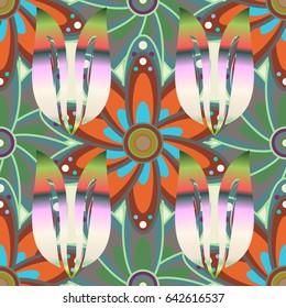 Hand drawn floral texture, red decorative flowers. Vector seamless colorful floral pattern.