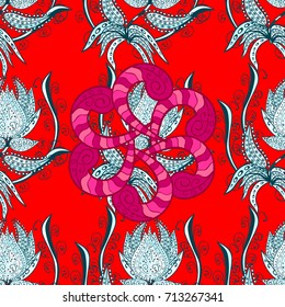 Hand drawn floral texture, red, blue and neutral decorative flowers. Vector seamless colorful floral pattern.