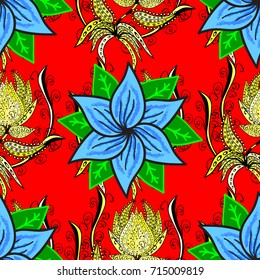 Hand drawn floral texture, red, blue and black decorative flowers. Vector seamless colorful floral pattern.