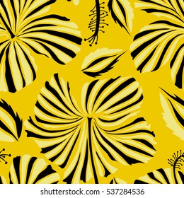 Hand drawn floral texture, yellow and black decorative flowers. Vector illustration. Vector seamless colorful floral pattern.